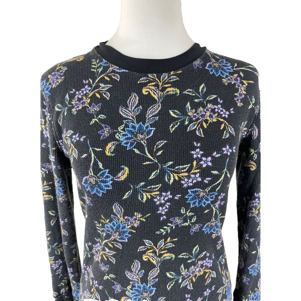 Sundance Loretta Thermal Waffle Knit Tee Long Sleeve Black Wildflower Floral M - Picture 3 of 14